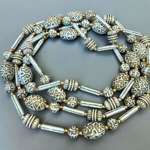 Vintage 1960s Plastic Bead Necklace White Gold Scroll Motif Geometric Tube Beads